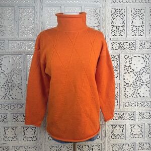 Vtg J Crew Roll Down‎ Mockneck Oarsman Sweater Sz S Orange Argyle Wool Chunky